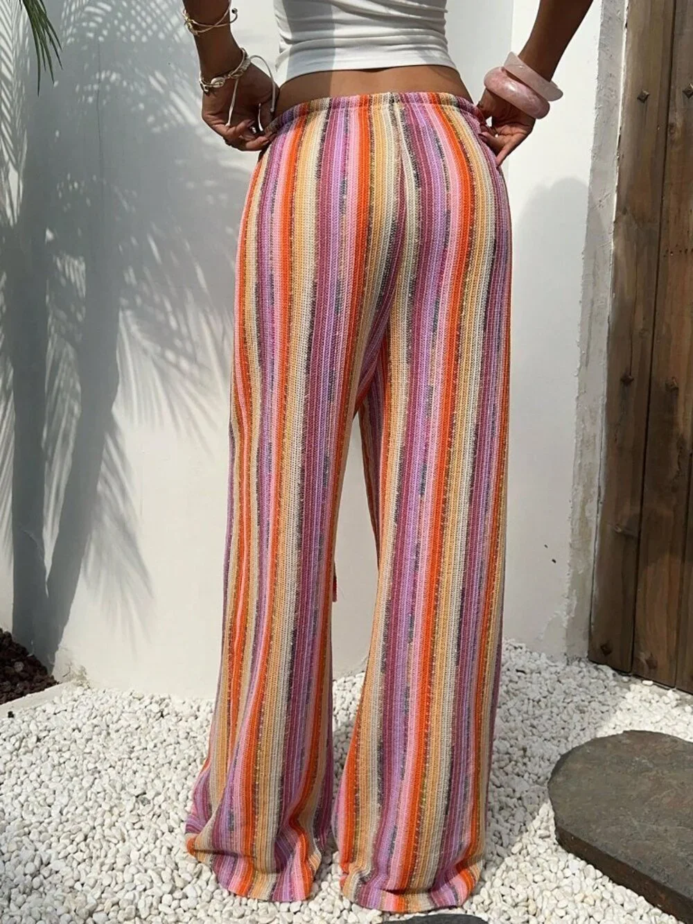 Multicolor Boho Women's Low Waist Crochet Stripe Leg Trousers